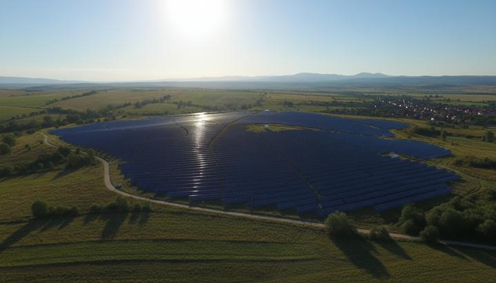 Крупная солнечная электростанция с рядами фотоэлектрических панелей на фоне холмистого пейзажа Румынии.