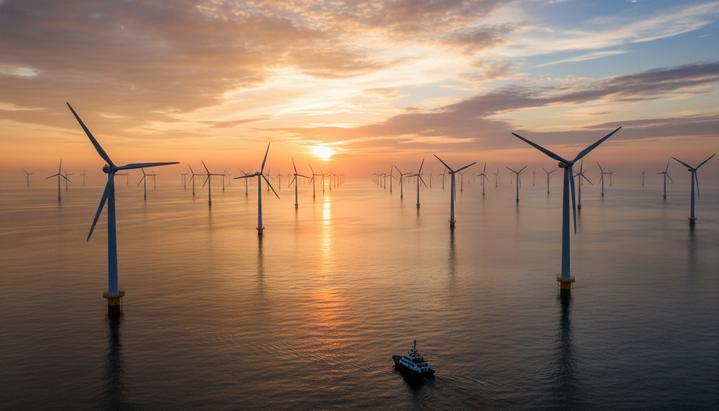 Энергопереход Тайваня: ставка на ВИЭ после отказа от атомных станций Морская ветроэлектростанция с высокими турбинами в Тайваньском проливе на фоне восходящего солнца.