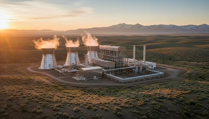 США расширяют геотермальную энергетику: аукцион в Айдахо на $1,3 млн Современная геотермальная электростанция с трубами и градирнями, из которых идет пар, на фоне холмистого ландшафта Айдахо на рассвете.