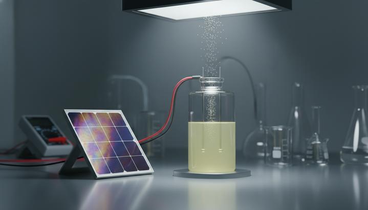 Солнечная панель, подключенная к стеклянному реактору с электродами, где в жидкости образуются пузырьки водорода.