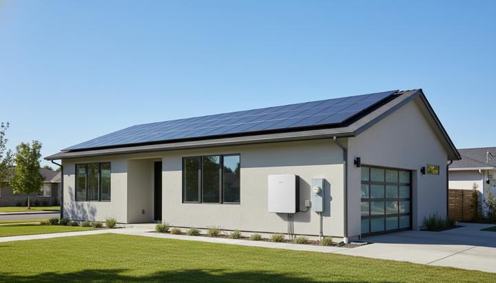 Солнечные панели на крыше загородного дома и настенный аккумулятор для хранения энергии в ясный солнечный день.