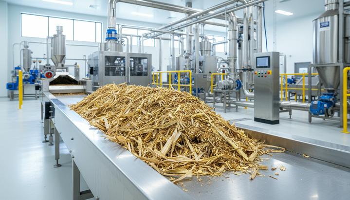 США: новая технология повысит эффективность биотоплива из отходов Измельченная кукурузная солома на конвейерной ленте внутри современного завода по переработке биомассы.