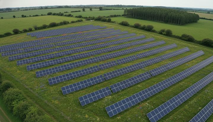 Воздушный вид на солнечную электростанцию с рядами фотоэлектрических панелей на зеленом холмистом поле среди живых изгородей и деревьев.