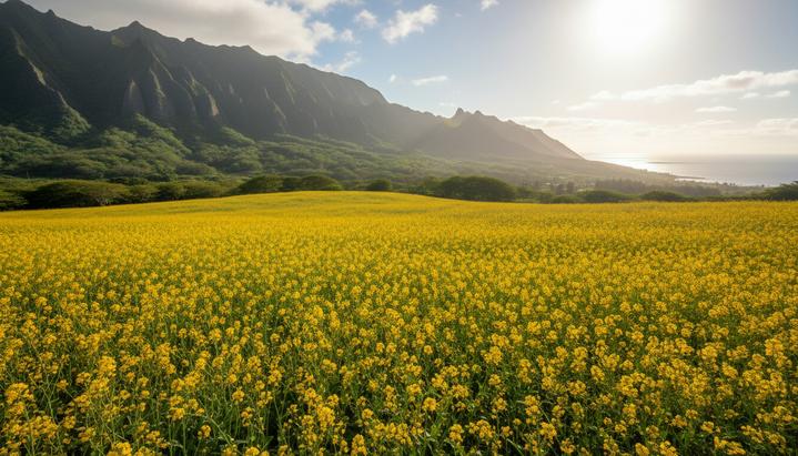 Золотое поле цветущего рыжика (камелины) на фоне зеленых вулканических гор и Тихого океана на Гавайях.