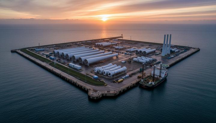 Крупные компоненты ветрогенераторов на территории нового портового терминала в Роттердаме у причала с монтажным судном.