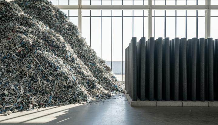 В Британии лопасти ветрогенераторов перерабатывают в стройматериалы Гора измельченных лопастей ветрогенераторов рядом со стопкой готовых досок и столбов для заборов на перерабатывающем заводе.