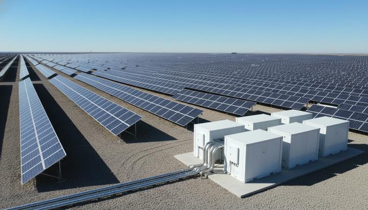 Солнечные панели на электростанции и контейнерная система накопления энергии, соединенная с ними. Ясный солнечный день.