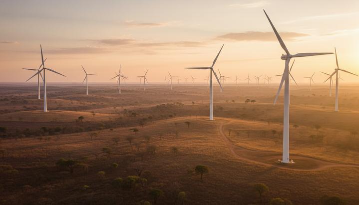 Масштабная наземная ветроэлектростанция с гигантскими турбинами на холмистом ландшафте Бразилии в лучах восходящего солнца.