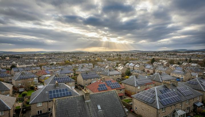 Солнечные панели на крышах домов в жилом районе Шотландии. Вид сверху на город под пасмурным небом.