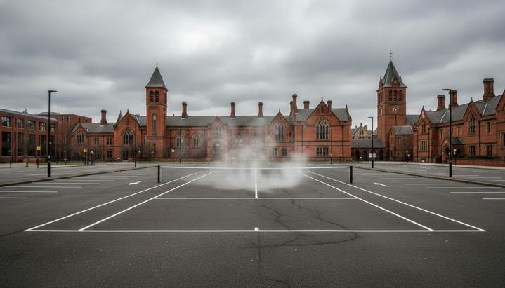 Огороженный участок на парковке в Манчестере, из-под земли идет пар, на фоне зданий университета.