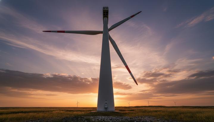 Огромная наземная ветряная турбина, вид снизу вверх на фоне закатного неба. Лопасти ветрогенератора неподвижны.