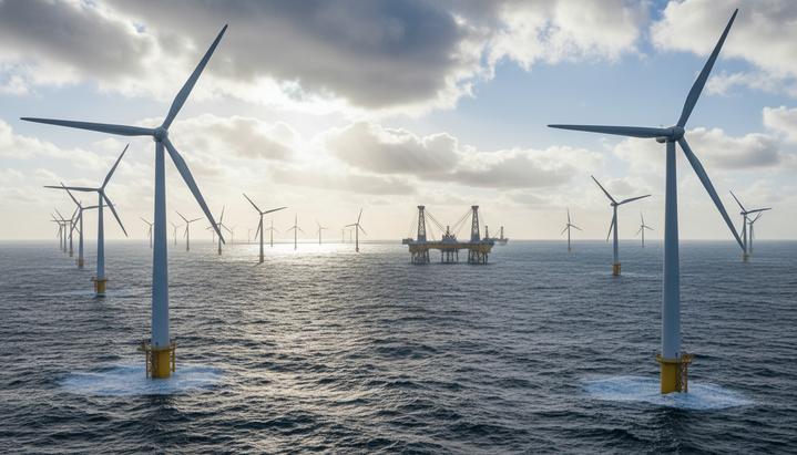 Масштабная морская ветряная электростанция с турбинами, уходящими за горизонт, в неспокойном море под облачным небом.