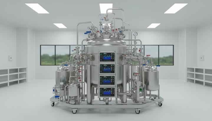 Промышленный биореактор для ферментации газов из нержавеющей стали, соединенный трубами с блоками управления в современном цеху.