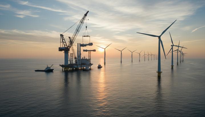 Строительство морской ветроэлектростанции в океане. Кран-судно монтирует гигантскую ветряную турбину на рассвете.