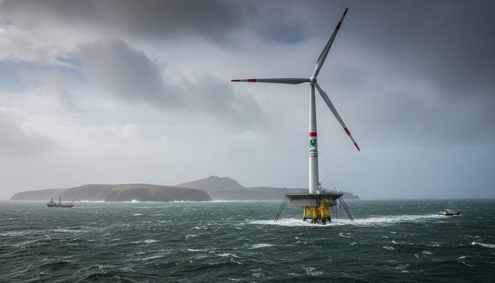 Плавучая ветряная турбина в море на фоне отдаленного побережья Уэльса под облачным небом.