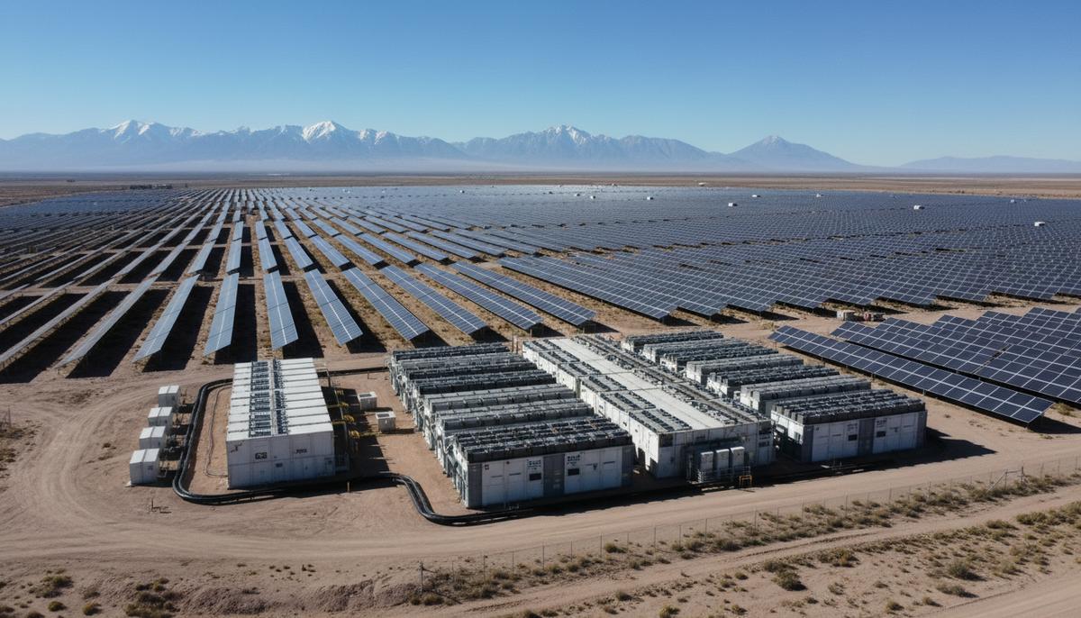 Солнечная электростанция и контейнерная система накопления энергии на фоне пустынного пейзажа и гор в Чили.