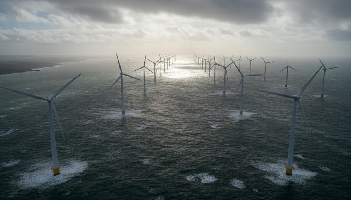 Масштабная морская ветроэлектростанция в Северном море. Множество ветряных турбин в воде до самого горизонта.