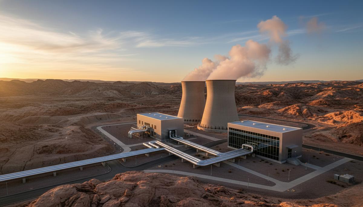 Современная геотермальная электростанция с трубами и градирнями, из которых идет пар, в скалистом пейзаже на рассвете.