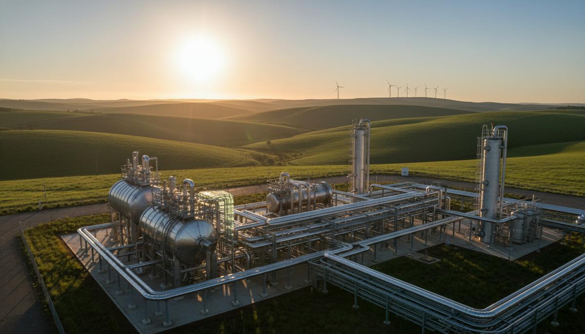 Современный завод по производству экологичного авиатоплива с металлическими реакторами и трубами на фоне зеленых холмов Уругвая.
