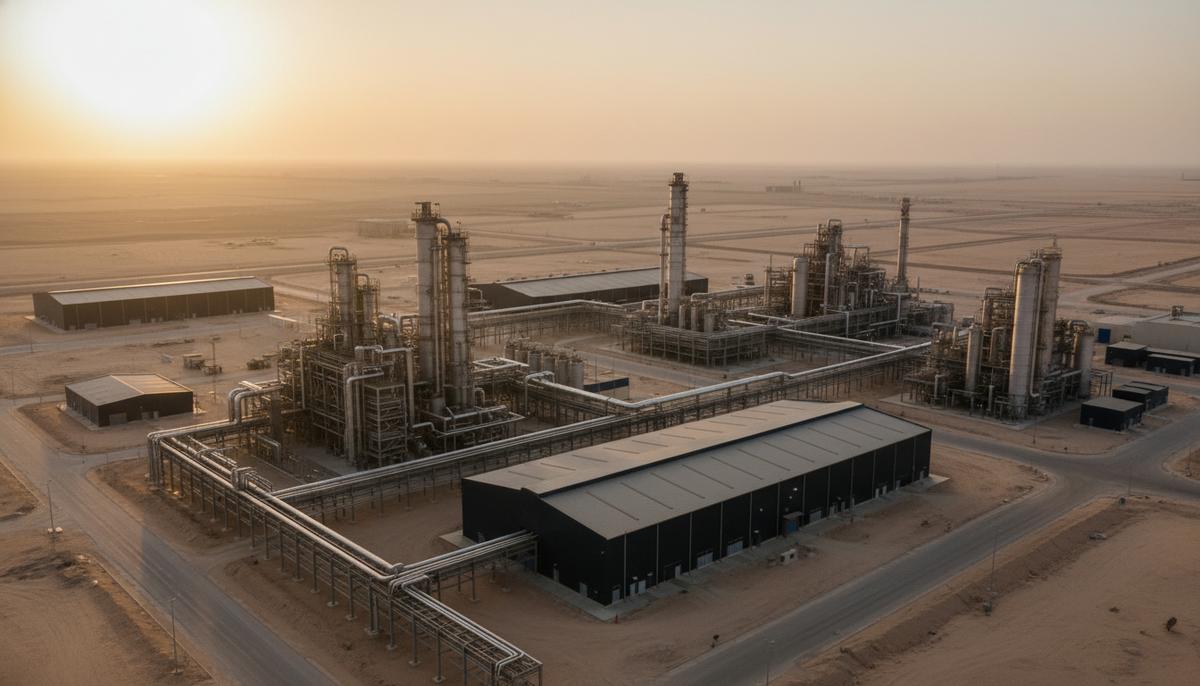 Современный завод по производству поликремния с комплексом промышленных зданий и трубопроводов в пустыне Омана на рассвете.