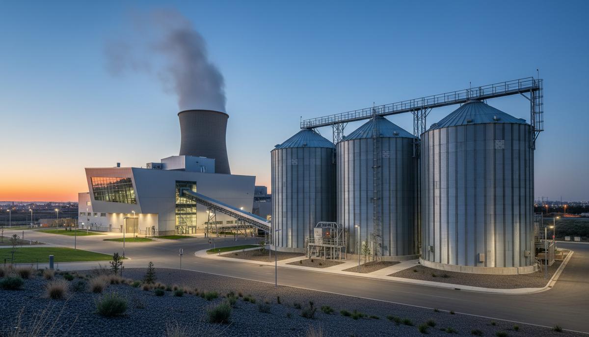 Современная электростанция на биомассе с большими силосами для хранения топлива на фоне вечернего неба.