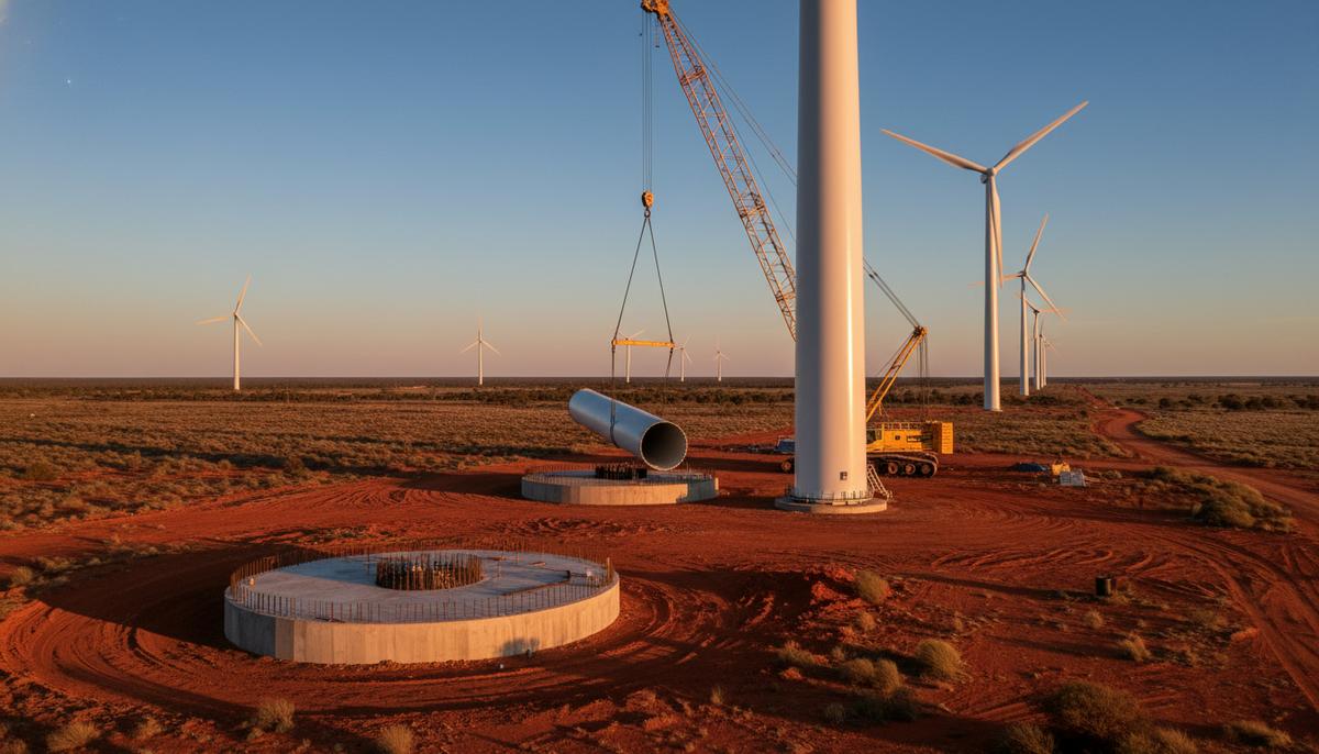 Строительство ветряных турбин в красной пустынной местности региона Пилбара в Австралии на фоне заката.