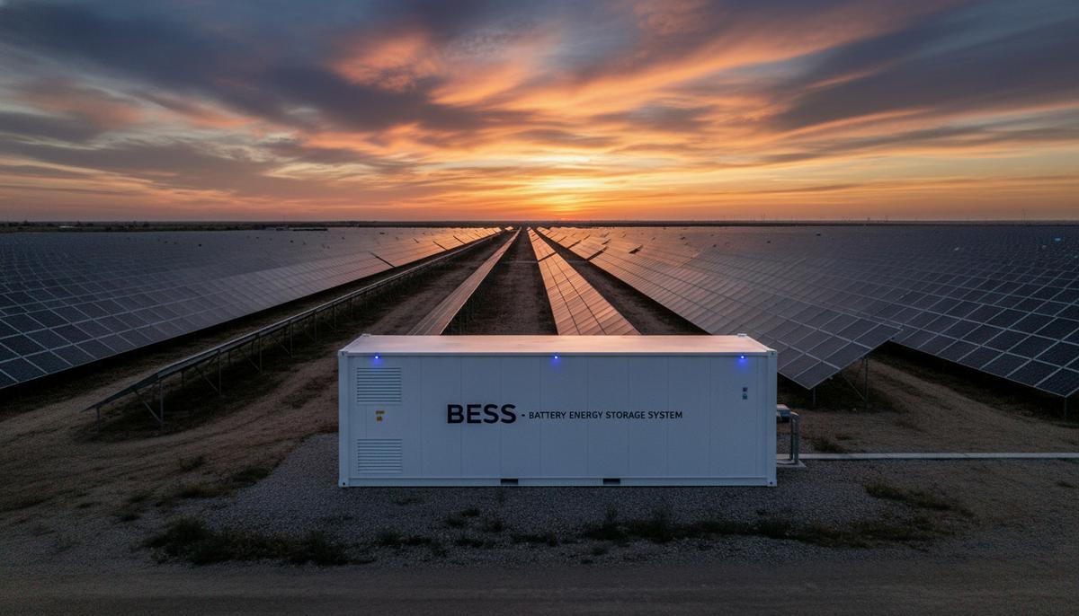 Рынок СЭС с накопителями энергии вырастет почти в четыре раза к 2035 году Промышленная солнечная электростанция на закате. Ряды панелей и большой контейнер для хранения энергии на переднем плане.