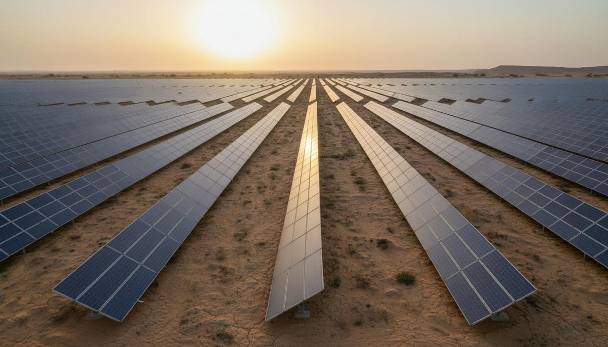 Scatec построит солнечную и ветровую электростанции в Тунисе Бесконечные ряды солнечных панелей новой электростанции в засушливой пустыне Туниса на восходе солнца.