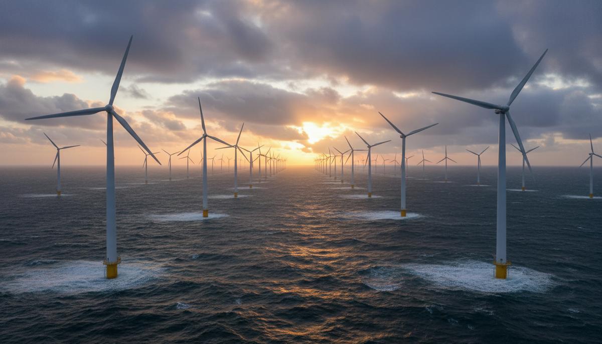 Морская ветряная электростанция в Северном море на рассвете. Массивные ветрогенераторы стоят в воде под драматичным небом.