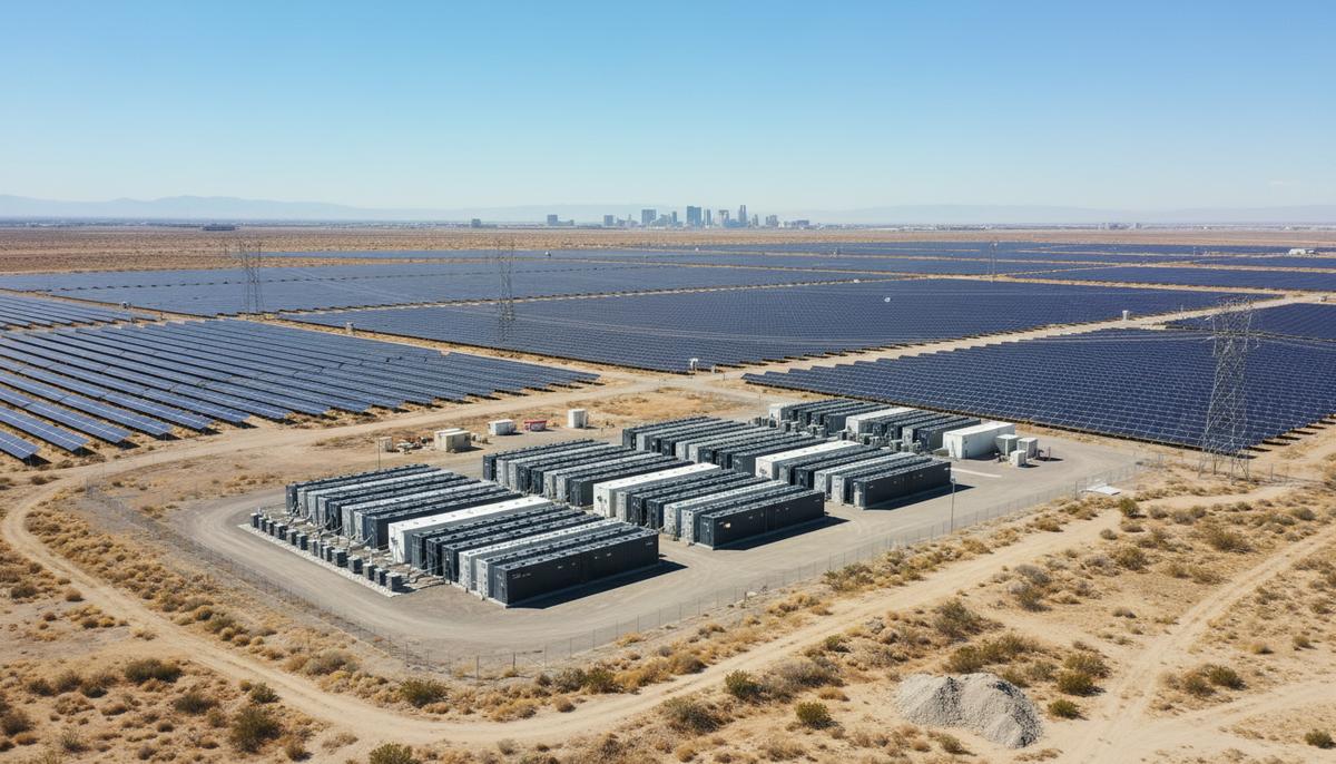 Огромная солнечная электростанция с рядами панелей в пустыне Невады. На фоне виднеется городской горизонт Лас-Вегаса.