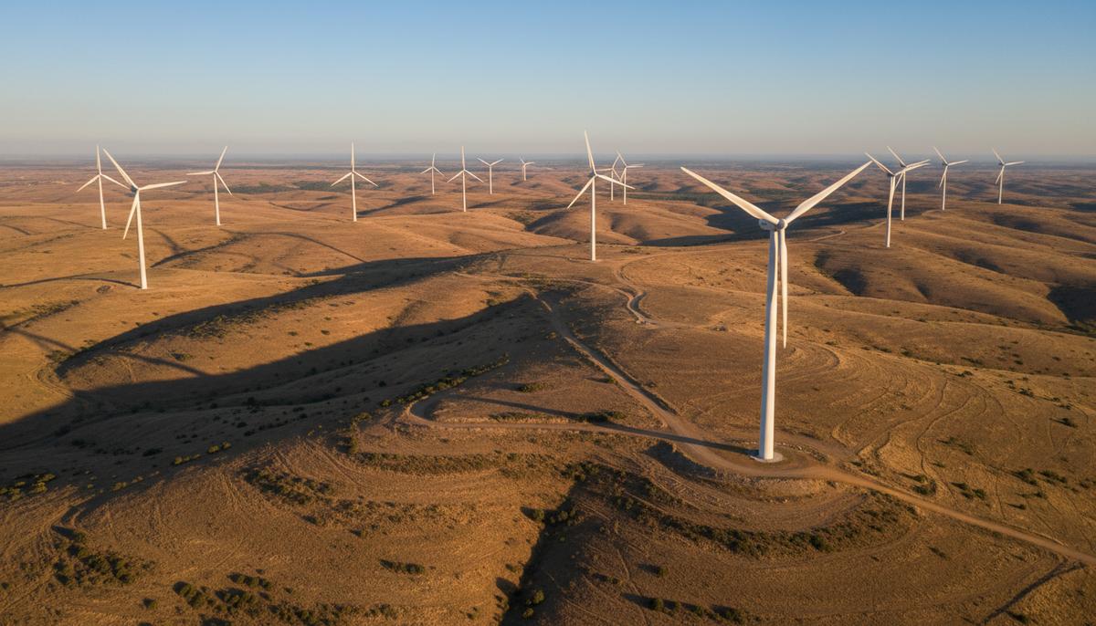 Scatec построит ветроэлектростанцию на 75 МВт в Тунисе Ветряные турбины на холмистой местности в Тунисе под ясным небом. Современная ветроэлектростанция в засушливом пейзаже.