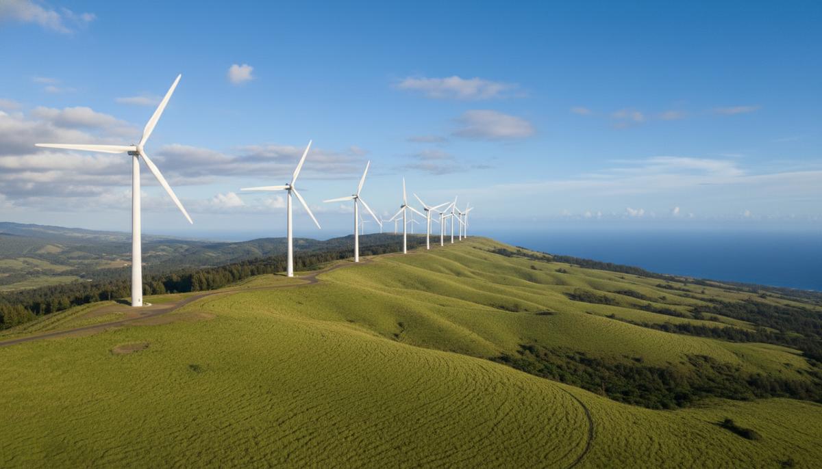 Ветроэлектростанция на Мауи получила новую лицензию на 25 лет Ряд белых ветрогенераторов на зеленых холмах острова Мауи, Гавайи. На заднем плане виден Тихий океан.