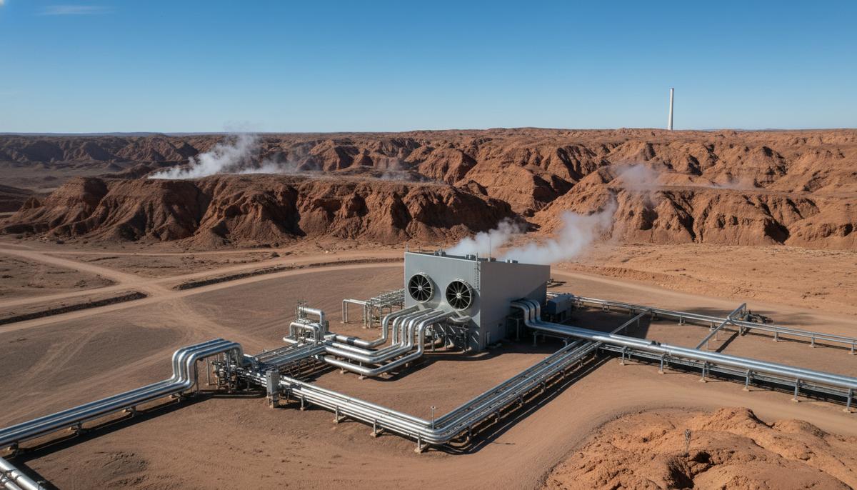 Современная геотермальная электростанция с трубами и градирней, расположенная в засушливой скалистой местности под ясным небом.