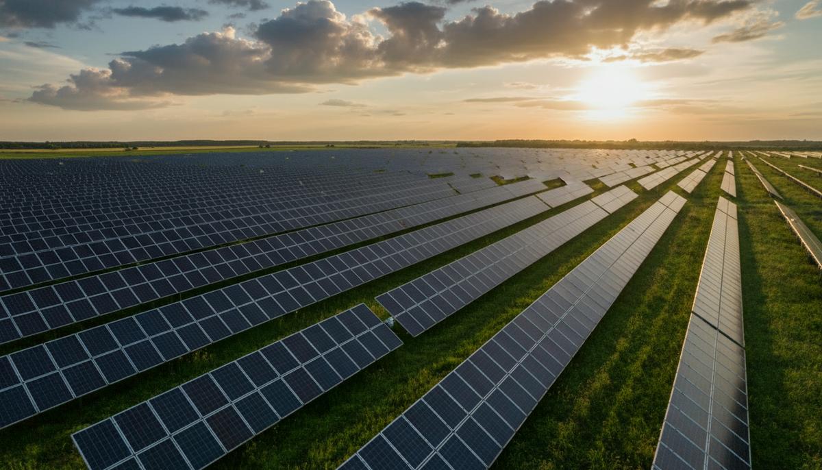 Большая солнечная электростанция с рядами фотоэлектрических панелей, уходящими к горизонту, на фоне полей и облачного неба.