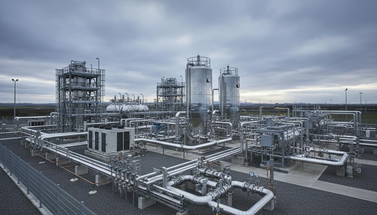 Отчет: нерешительность властей тормозит водородную отрасль Великобритании Современный завод по производству водорода с блестящими цистернами и трубопроводами на фоне пасмурного неба.