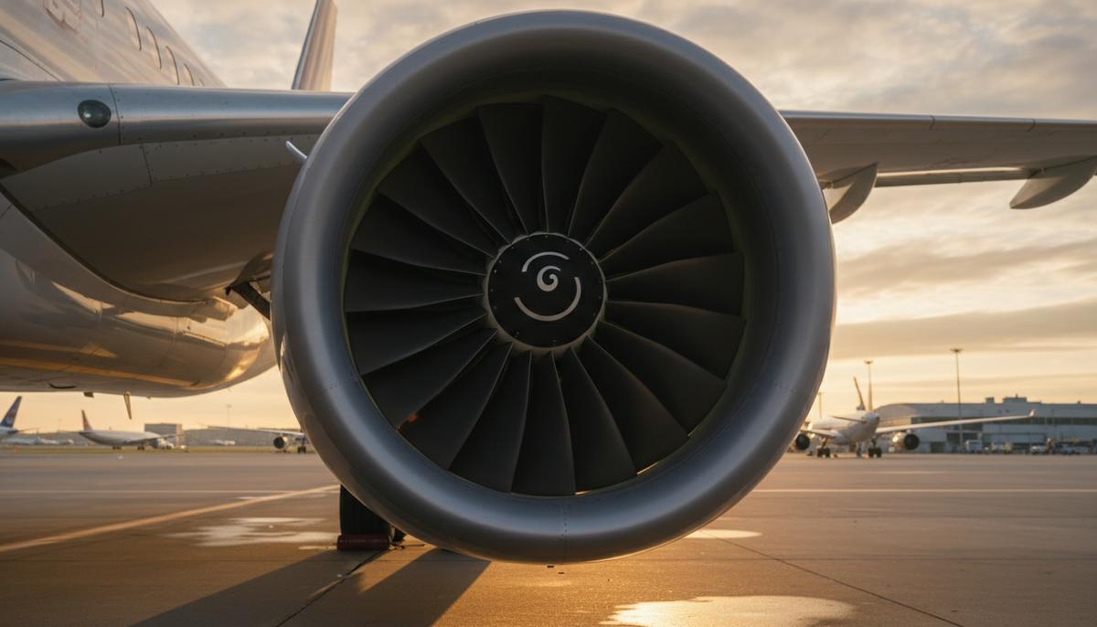 Британия выделила средства на разработку устойчивого авиатоплива Крупный план современного реактивного двигателя на крыле самолета, стоящего на взлетной полосе на рассвете.