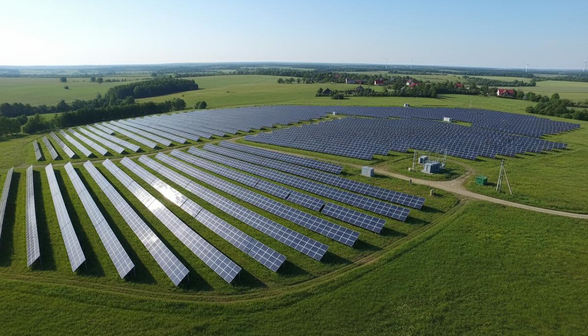 Большая солнечная электростанция с рядами фотоэлектрических панелей на зеленом поле под ясным небом.