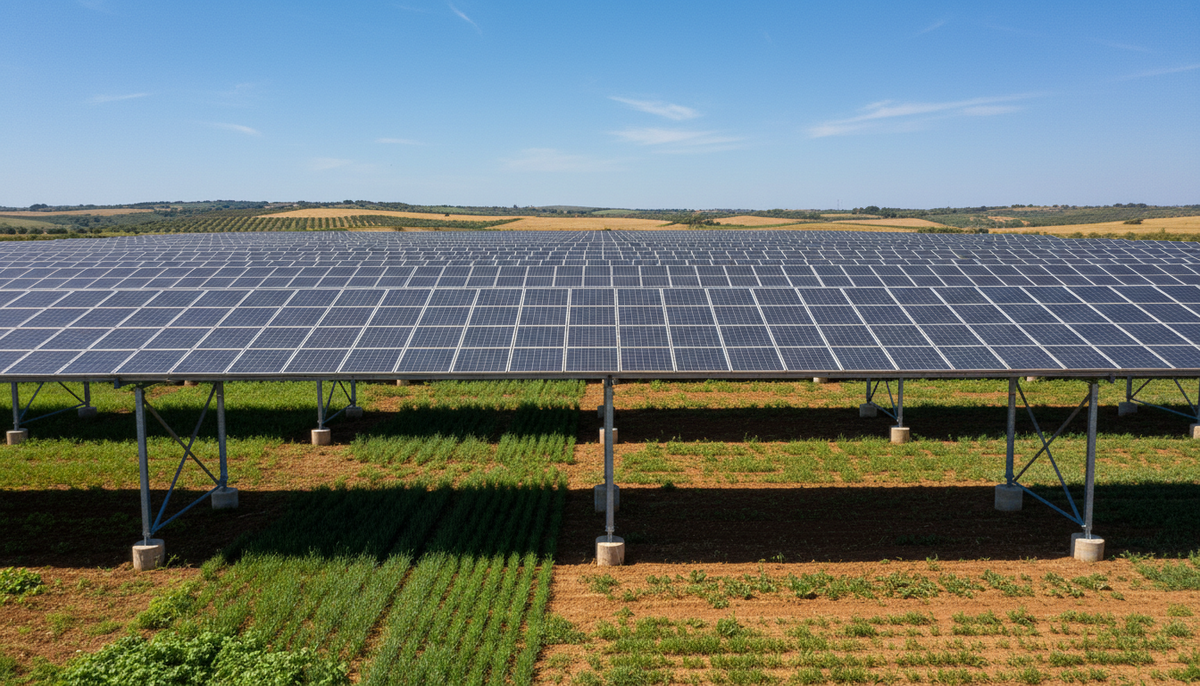 Zelestra запустила первую солнечную станцию в Италии мощностью 6,5 МВт Солнечные панели агровольтаической электростанции, установленные на высоких опорах над полем в сельской местности Апулии, Италия.