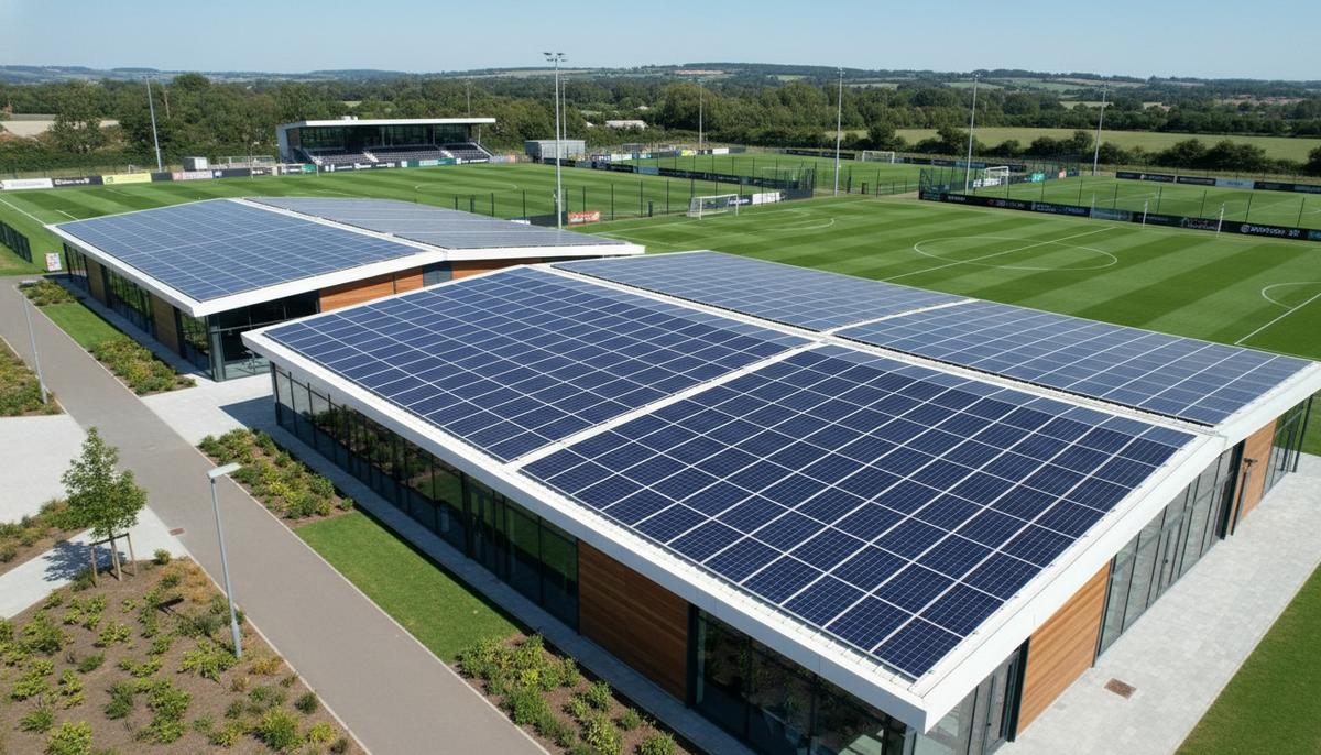 Футбольный клуб «Саутгемптон» внедряет солнечную энергетику на базе Современное здание тренировочной базы футбольного клуба с крышей, полностью покрытой новыми солнечными панелями, на фоне зеленых полей.