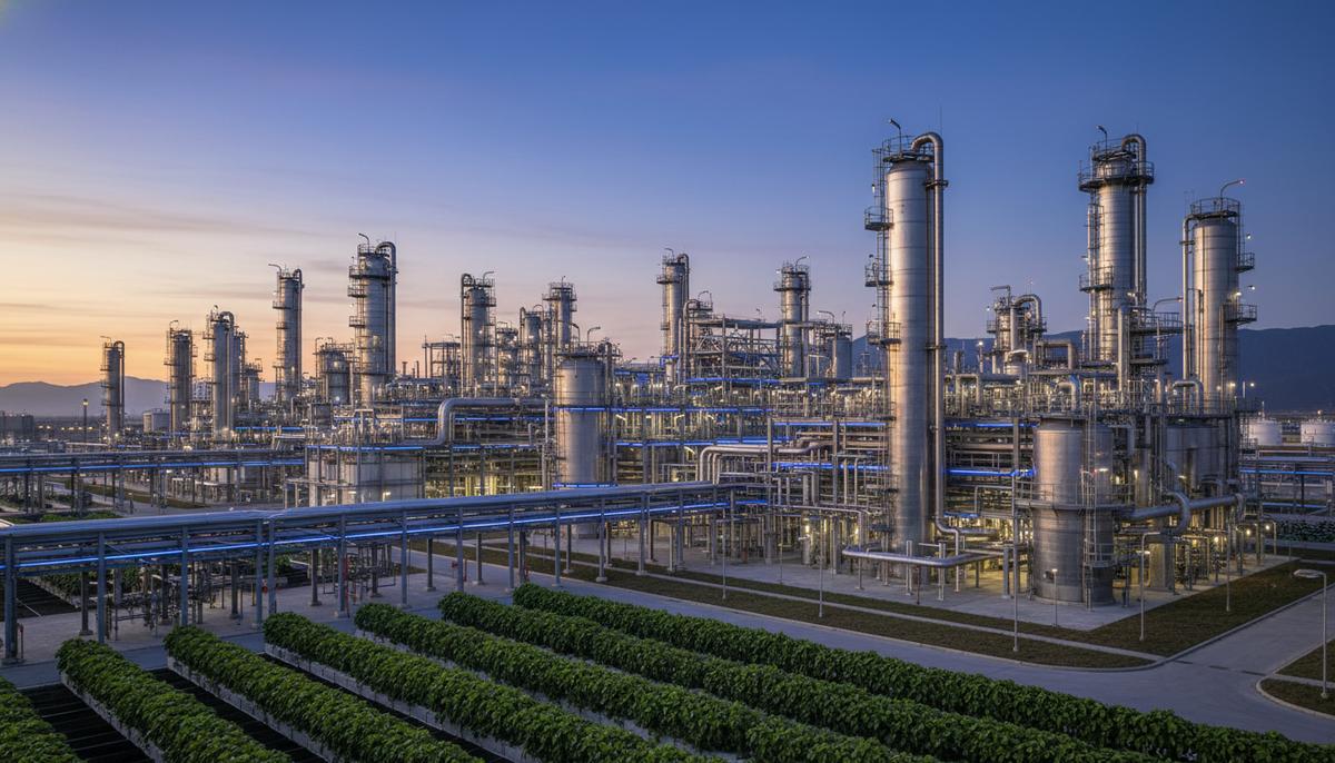 Honeywell предоставит технологию для производства авиатоплива из отходов Современный завод по производству биотоплива с резервуарами из нержавеющей стали и сложной системой трубопроводов на закате.