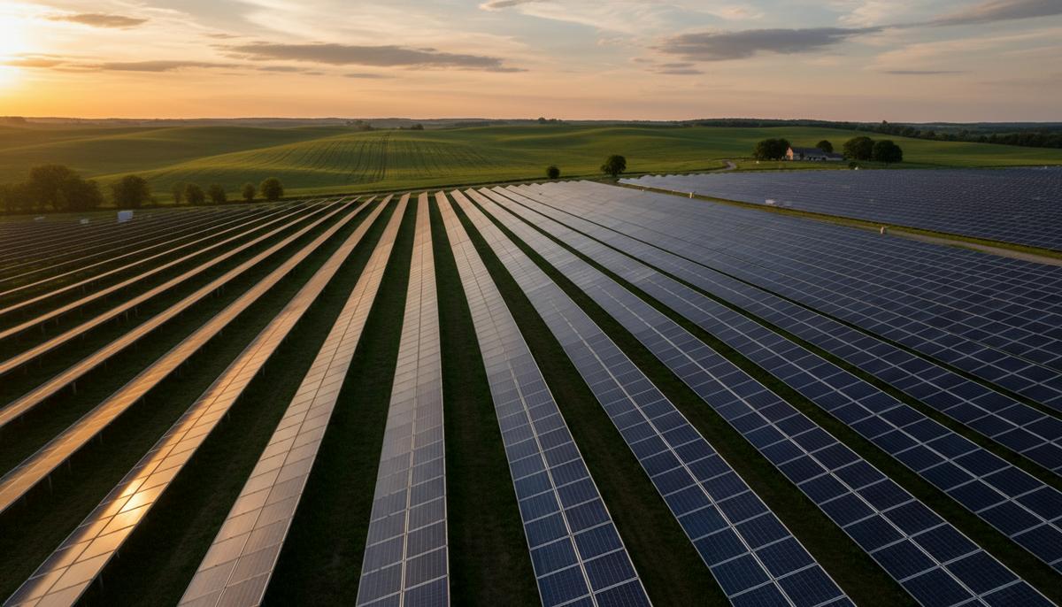 Microsoft и Pivot Energy запустят 500 МВт коммунальных солнечных проектов в США Просторное поле с рядами солнечных панелей, уходящими к горизонту на фоне закатного неба. Коммунальная солнечная электростанция в сельской местности.