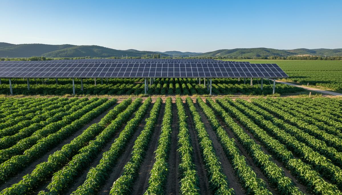 Франция: Océalia и TSE запустят 500 МВт агровольтаики за десять лет Солнечные панели, установленные на высоких опорах над зеленым сельскохозяйственным полем с рядами растений.