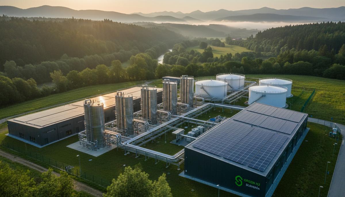 Словения получила от ЕС €20 млн на развитие водородной энергетики Современный завод по производству водорода с электролизерами и резервуарами для хранения на фоне зеленых холмов Словении.