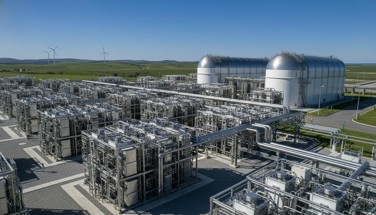 Sunfire поставит Repsol электролизеры на 200 МВт для проектов в Испании Современный завод по производству зеленого водорода с модулями электролизеров, резервуарами и сложной системой трубопроводов.