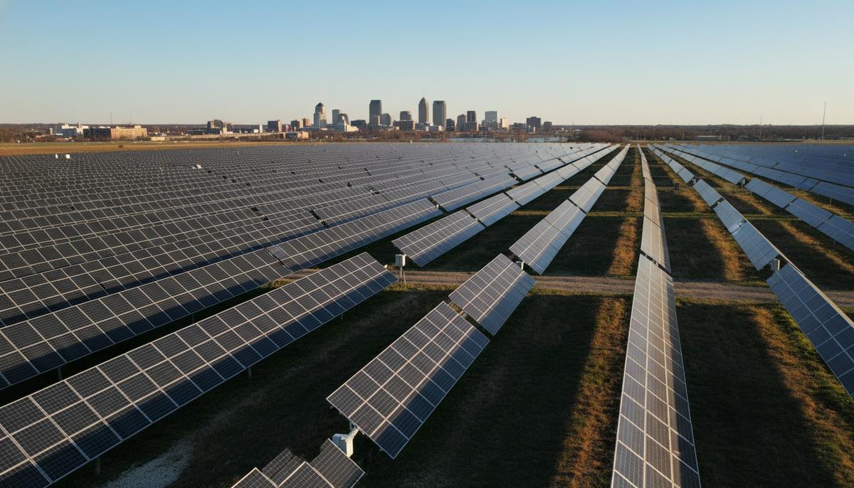 Солнечная электростанция с рядами фотоэлектрических панелей на фоне городского пейзажа Дейтона, штат Огайо.