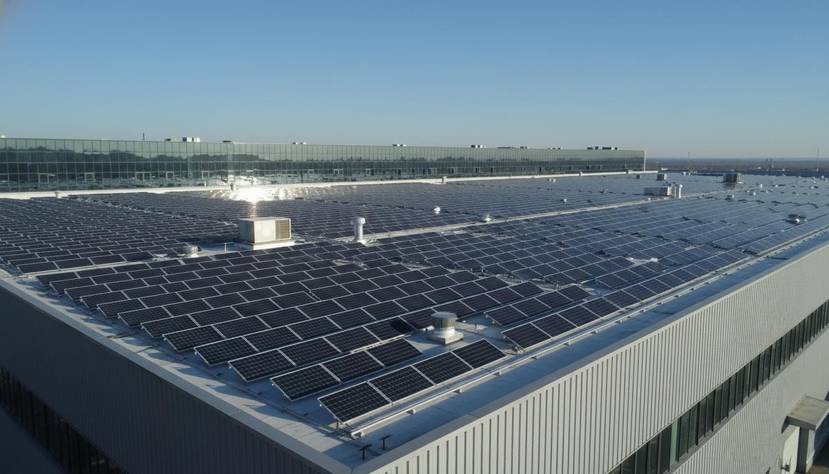 Солнечные панели, установленные на крыше большого современного промышленного здания, вид сверху в ясный солнечный день.