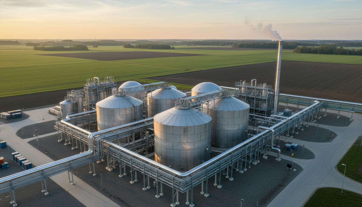 Современная биогазовая станция с большими стальными резервуарами-ферментерами и системой трубопроводов на фоне полей.