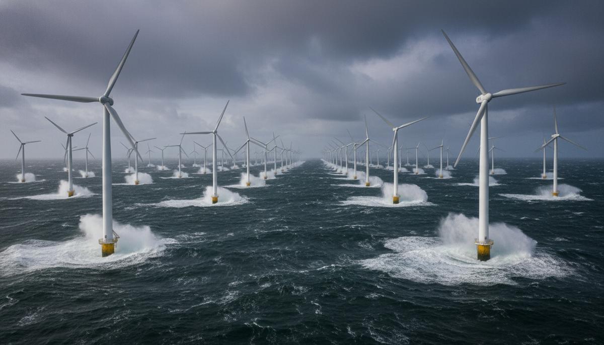 Огромные ветрогенераторы морской электростанции в штормовом море у побережья Лонг-Айленда под пасмурным небом.