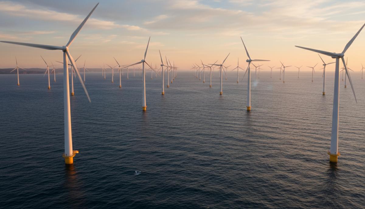 В Австралии запущена эко-оценка морской ВЭС Blue Mackerel на 1 ГВт Ряды высоких ветрогенераторов морской ветроэлектростанции, установленных в открытом океане. На горизонте видна далекая береговая линия.