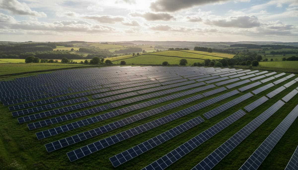 Солнечная электростанция с рядами фотоэлектрических панелей на зеленых холмах Великобритании под облачным небом.